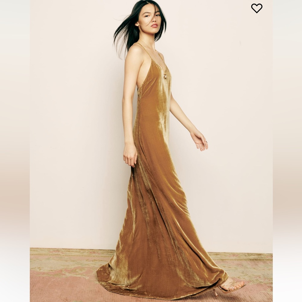 Reformation Rimini Mustard/Gold Velvet Gown